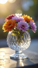 Crystal glass vase with vibrant blooming flowers, fresh spring and summer concept, AI generated