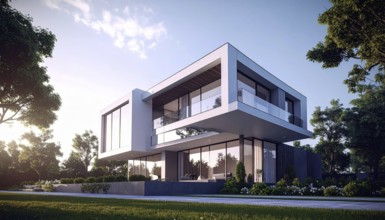 Modern residential house with green garden, simple geometric architecture, clear blue sky in the