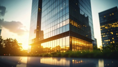 Modern building reflecting sunset light at dusk. Abstract Futuristic Business Background, AI