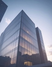 Modern building reflecting sunset light at dusk. Abstract Futuristic Business Background, AI