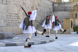 The traditional changing of the guard of the Evzones in front of the Greek Parliament in the Greek