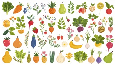 Spring and summer fruit and vegetable element set, vector illustration, AI generated