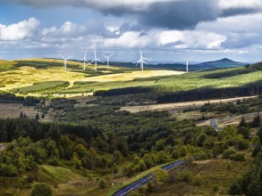 Wind Farm from a drone, Roxburghshire, Roxburgh, Southern Uplands, Scotland, UK