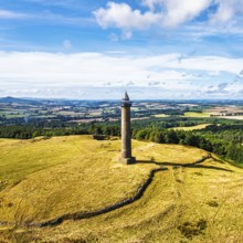 Waterloo Monument over Scottish fields and farms from a drone, Jedburgh, Scotland, UK