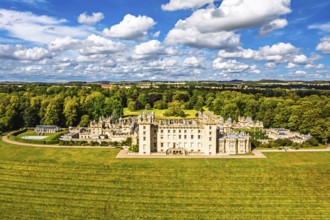 Floors Castle and garden from a drone, Duke of Roxburghe, Roxburghshire, Scotland, UK