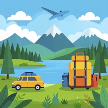 Traveling and hiking in mountain landscape, abstract vector illustration, AI generated image