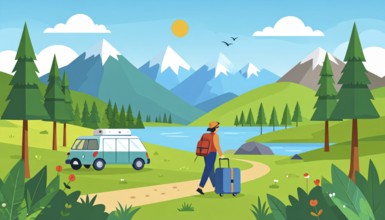 Traveling and hiking in mountain landscape, abstract vector illustration, AI generated image