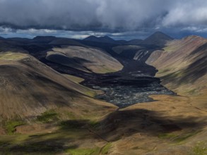 Lava, lava field, summer, cloudy, sunny, aerial view, Fagradalsfjall, Reykjanes, Iceland