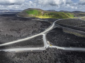 Lava, lava field, road, destroyed, summer, cloudy, sunny, aerial view, Blue Lagoon, Sundhnúkur