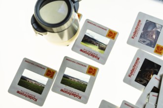 Many framed Kodachrome slides on a light table with magnifying glass, top shot