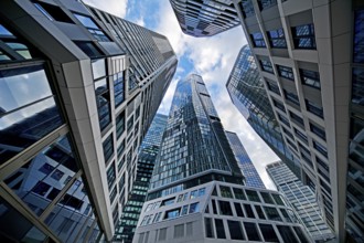 Frog's-eye view of the skyscrapers in the banking district, Four Frankfurt, Frankfurt am Main,