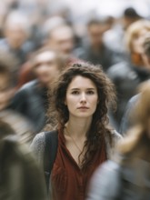 A woman stands in the middle of a crowd, symbolising mental health, stress in the big city,