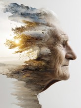 Double exposure of an elderly man and decaying parts of a landscape, symbolic image for memory