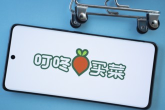 Dhaka, Bangladesh- 03 July 2025: Smartphone screen showing the Dingdong Maicai logo with shopping