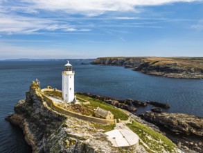 Godrevy Lighthouse from a drone, Godrevy Island, St Ives Bay, Cornwall, England, United Kingdom