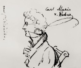 Caricature by Eduard Mörike, portrait of Carl Maria von Weber, 1786 - 1826, German composer,