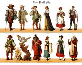 Costume designs of figures in the Romantic opera Der Freischütz by Carl Maria von Weber, 1786 -
