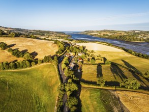 Farms and Fields over River Teign and Teignmouth Road from drone, Newton Abbot, Devon, England,