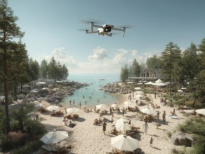Ein Fernpilot steuert sein Quadrocopter, Drohne über einen dicht besetzten Badestrand, um illegale