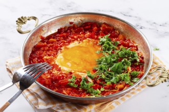Traditional Turkish dish, scrambled eggs with tomatoes, Menemen, with herbs, in a frying pan,