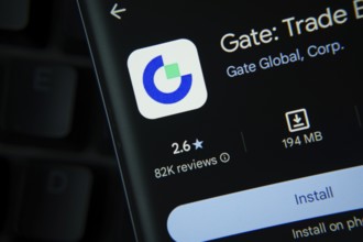 Dhaka, Bangladesh- 27 July 2025: Gate.io app from Google Playstore is displayed on a smartphone