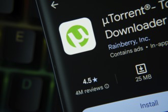 Dhaka, Bangladesh- 27 July 2025: uTorrent app from Google Playstore is displayed on a smartphone