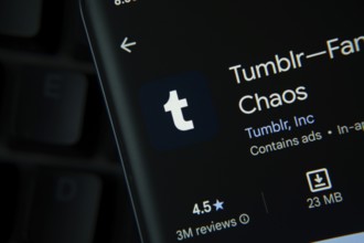 Dhaka, Bangladesh- 27 July 2025: Tumblr app from Google Playstore is displayed on a smartphone