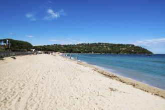 Sandy beach beach, Plage de Tahiti, Saint Tropez, Var, French Riviera, Provence-Alpes-Cote d'Azur,