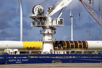 The seaport of Eemshaven, Julianahaven Basin, where the foundation structures, monopiles, for