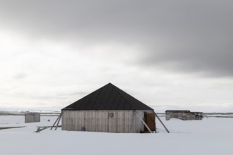 Former research station, wooden hut, Kinvika, Muchinsonfjord, Spitsbergen, Svalbard