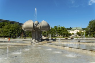 Freedom Square with a fountain in the shape of a lime blossom in Bratislava, Slovakia