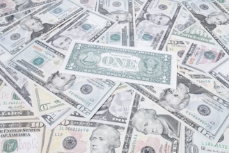 Various US dollar notes in a pile, banknotes