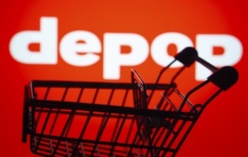 Dhaka, Bangladesh- 03 July 2025: Silhouette of a shopping cart in front of the Depop logo,