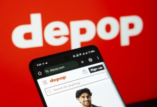 Dhaka, Bangladesh- 03 July 2025: Smartphone displaying Depop web interface against Depop logo