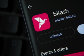 Dhaka, Bangladesh- 27 July 2025: Screen displaying bKash app with open and uninstall options, dark