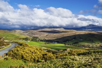 Farms over Loch Harport, Drynoch, Isle of Skye, Scotland, UK