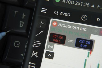 Dhaka, Bangladesh- 20 June 2025: Broadcom Inc stock trading details on smartphone over a keyboard