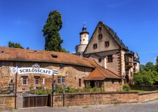 The old castle with Barbarossaplatz and the castle café in the old town centre of Büdingen, Hesse,