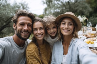 Cheerful happy family taking selfie on picnic on a family vacation day, AI generated