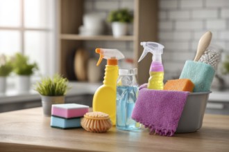 Cleaning set with products and tools on kitchen table, AI generated