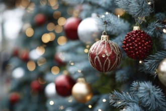 Christmas Tree With Baubles, holiday season and holiday greetings. Happy family time, AI generated