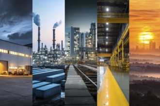 Collage of industrial factories and warehouses. Illustration of global international trade and