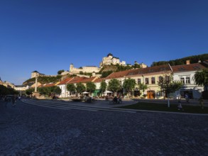 The Peace Square in the old town centre of Trencín, Trencín Castle in the background, Capital of