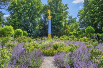 Rosarium with blooming roses and lavender on the Rose Island in Lake Starnberg, Feldafing, Upper
