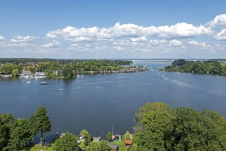 View from the tower of St Mary's Church, Müritz, lake, boats, boathouses, holiday homes, Röbel,