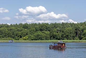 Houseboat, Zotzensee, Mecklenburg Lake District, Mecklenburg-Western Pomerania, Germany