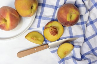 Peach with knife on kitchen towel, peach halves, Prunus persica