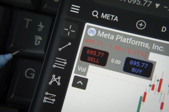 Dhaka, Bangladesh- 20 June 2025: Meta Platforms stock trading details on smartphone over a keyboard