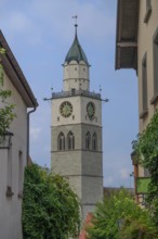Tower of Überlingen Minster, St Nicholas, built in 1350 and 1576 in the late Gothic style,