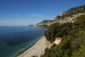 View of Roquebrune and Monaco, Plage du Golfe Bleu, Alpes Maritimes, Provence Alpes Cote d'Azur,